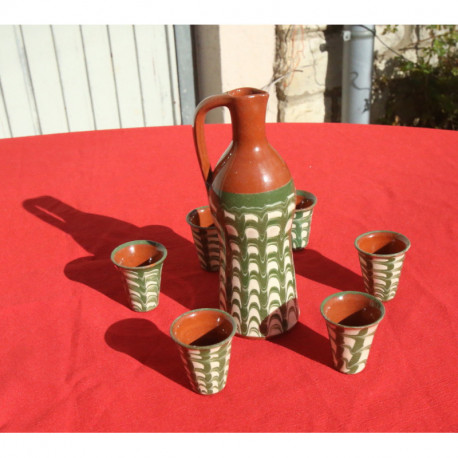 service a liqueur en terre cuite carafe et 6 gobelet décor vert vintage