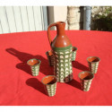 service a liqueur en terre cuite carafe et 6 gobelet décor vert vintage